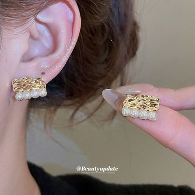 银针长方形褶皱珍珠耳钉法式复古