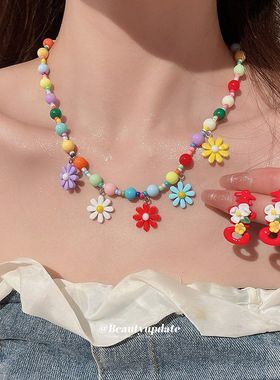 多巴胺彩色花朵项链耳环套装小