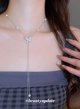 韩系锆石蝴蝶珍珠项链精致小众