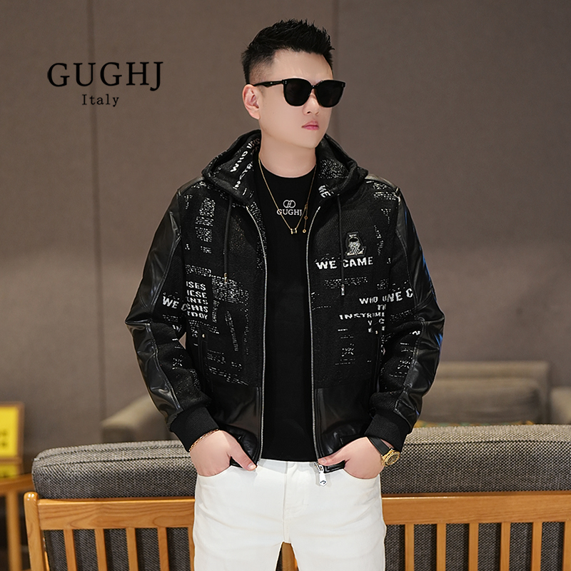 冬季潮牌轻奢真皮拼接连帽羽绒服男潮流时尚休闲百搭保暖短款外套