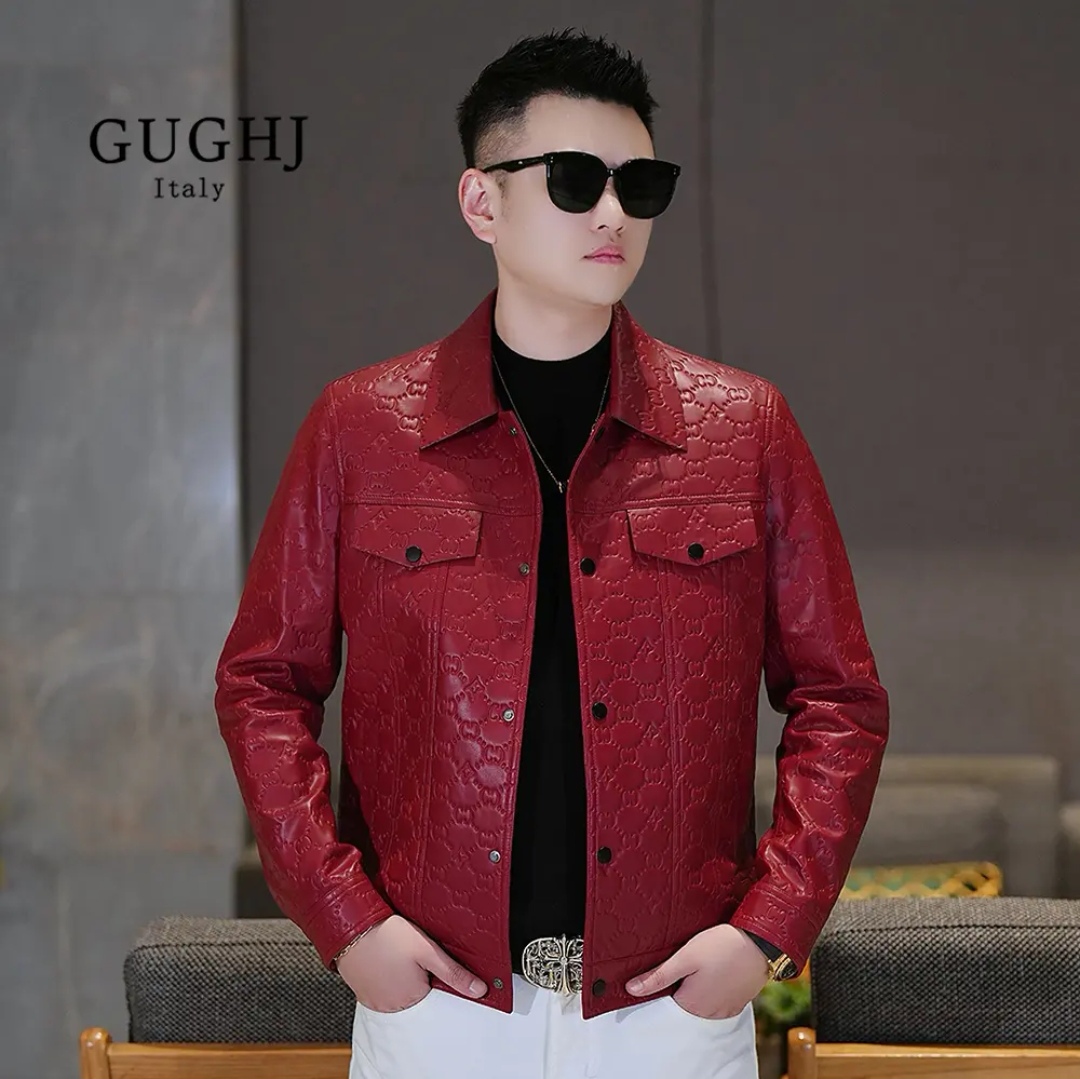 秋冬潮牌绵羊皮压花翻领皮衣男士潮流时尚修身百搭轻奢痞帅外套