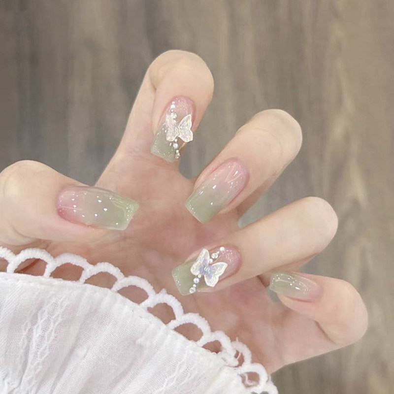 夏日渐变小清新烟雨江南美甲手工制作成品假指甲贴片可拆卸穿戴甲