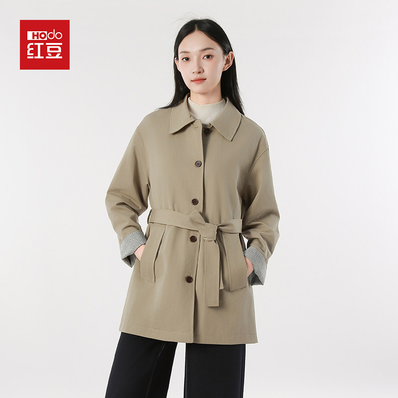 红豆米灰色韩系休闲风衣女小个子2025春秋款高级感翻袖中长款外套