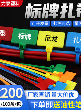 彩色标牌扎带4*200吊牌网线标记牌可手写电线标记固定卡扣扎带
