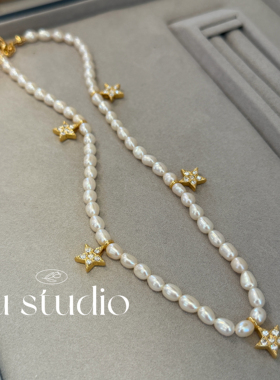 LLuStudio星落珠河高级定制五角星碎钻天然珍珠项链锁骨链子