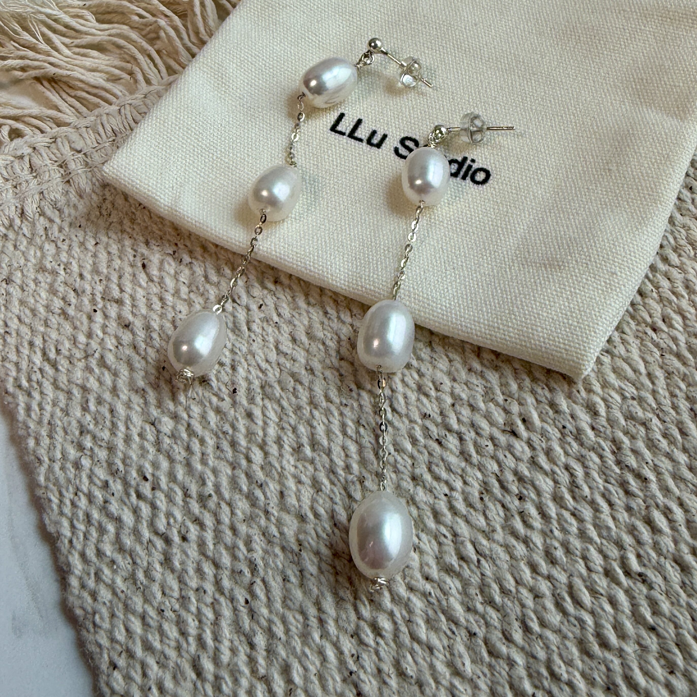 LLuStudio碎银珍珠雨通体是925纯银天然淡水珍珠长款流苏耳钉耳环