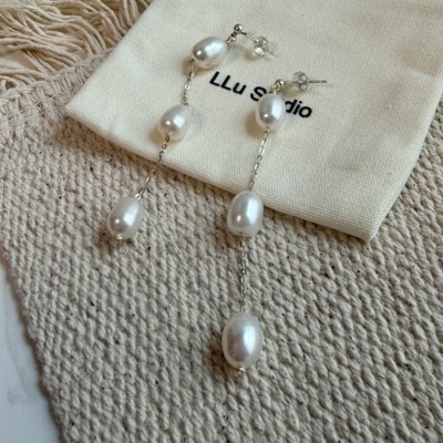 LLuStudio碎银珍珠雨通体是925纯银天然淡水珍珠长款流苏耳钉耳环