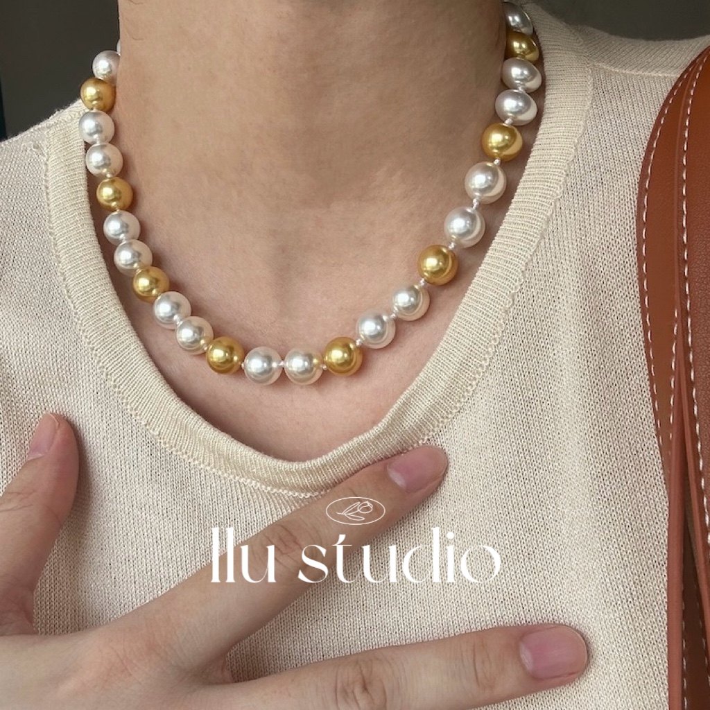 强光正圆气质仿南洋金珠人造混彩糖果色三色珍珠项链倪妮同款
