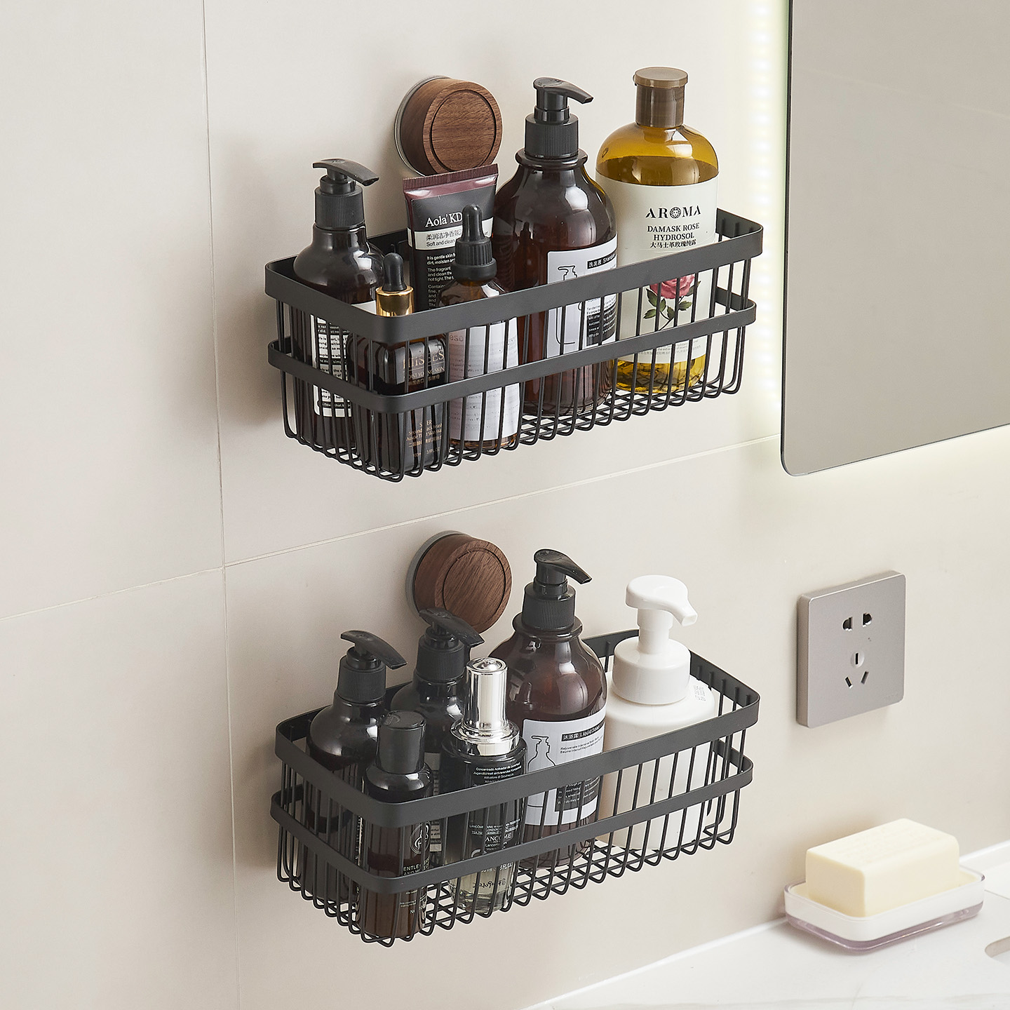 cmeo胡桃木卫生间吸盘置物架洗漱台壁挂式厕所洗手间收纳浴室挂篮