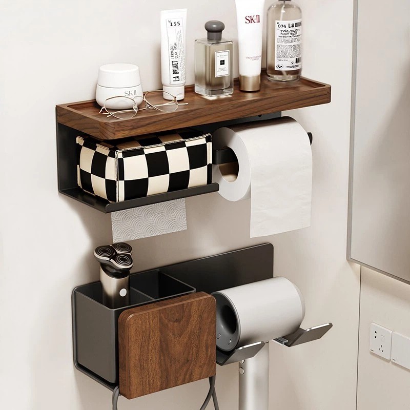 cmeo胡桃木卫生间厕纸盒壁挂式厕所洗手间洗漱台纸巾吹风机置物架