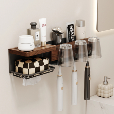 cmeo黑胡桃木牙刷置物架化妆室浴室洗漱洗手台洗脸纸巾漱口杯架子