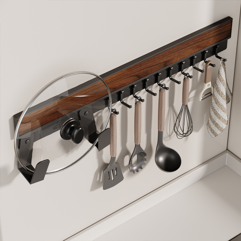 cmeo胡桃木壁挂式锅盖架置物架多功能厨房挂钩锅铲勺子砧板收纳架