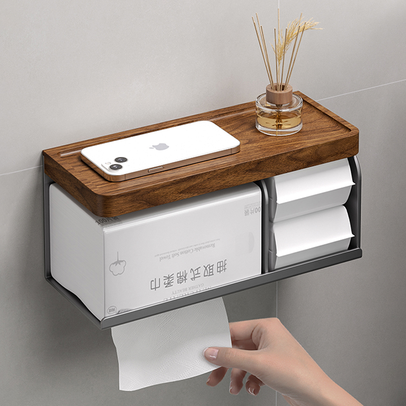 cmeo胡桃木卫生间厕所纸巾盒浴室免打孔洗漱台置物架擦手厕纸盒