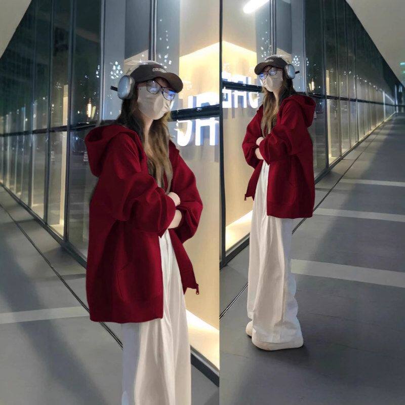 大帽子立领酒红色秋季外套2025春季新款卫衣韩系穿搭本命年连帽图片