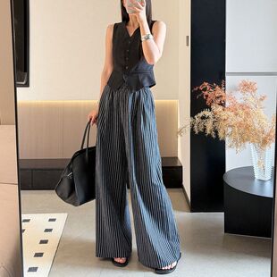 全棉垂感阔腿裤女拖地裤休闲条纹松紧腰长裤通勤日系舒适松弛感