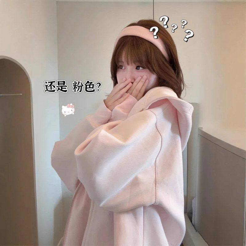 山东韩版即墨卫衣连帽外套女秋冬韩系大帽子上衣宽松慵懒女装穿搭图片