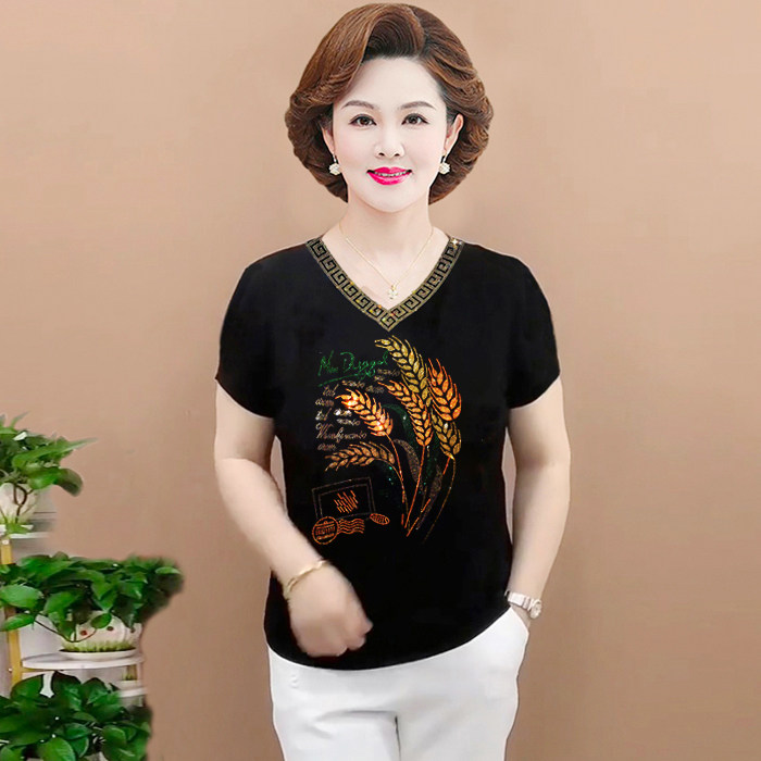 玫瑰花烫钻V领短袖t恤女夏季莫代尔棉鸡心领新款正肩时尚显瘦体恤