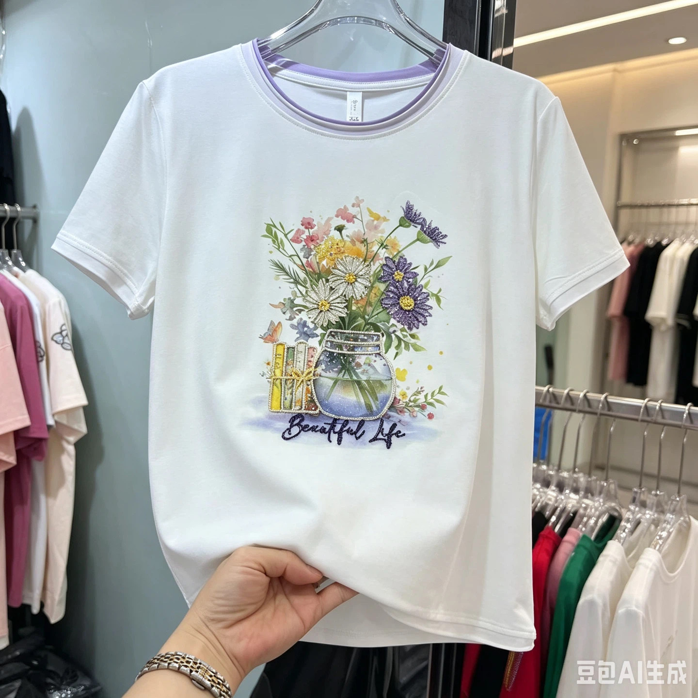 高端大码女装夏季T恤女中年妈妈40岁50洋气重工刺绣棉质 印花上衣