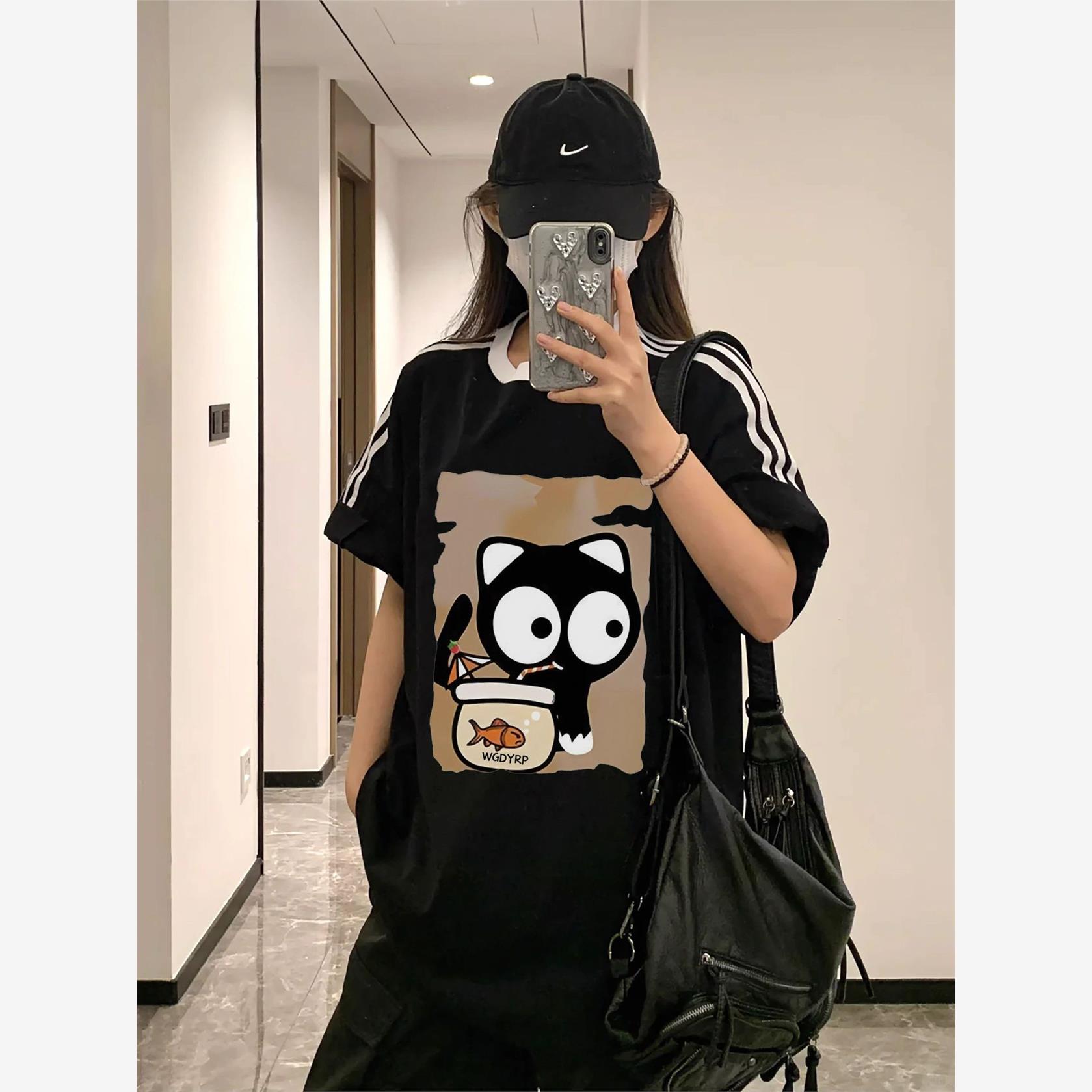 三条杠黑色短袖t恤女款夏季2025新款女生宽松炸街独特漂亮上衣服
