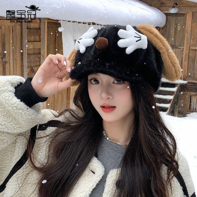 户外可爱小狗贝雷帽八角帽鸭舌帽秋冬季毛绒手掌耳朵甜美保暖子女