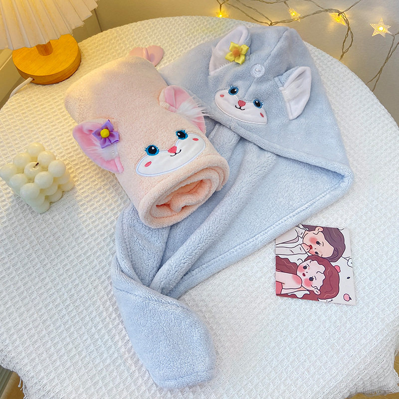 ins风贝尔粉红狐狸干发帽洗脸头带化妆卸妆珊瑚绒吸水干发巾跨境,居家布艺,淘宝优惠券,粉丝福利购,淘宝优惠卷