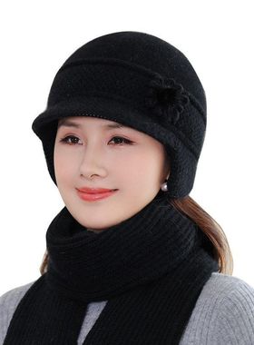 帽加绒帽子中老年人毛线防寒妈妈冬季8347保暖针织兔毛盆帽老人女
