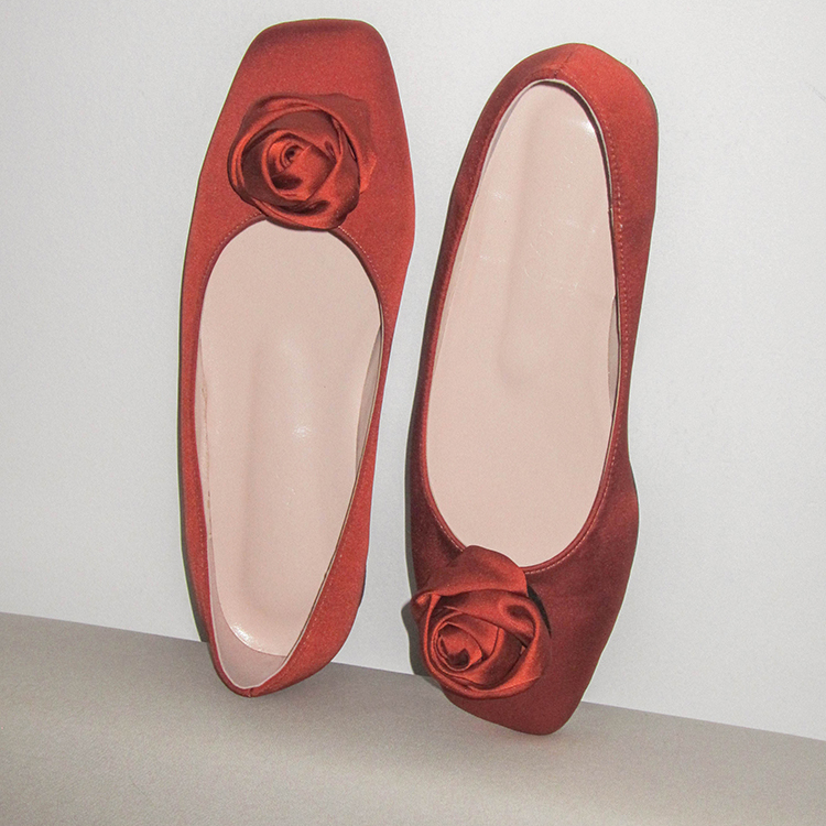wddyshoes 手工鞋 法式丝绸缎面玫瑰花坡跟时尚气质芭蕾单鞋