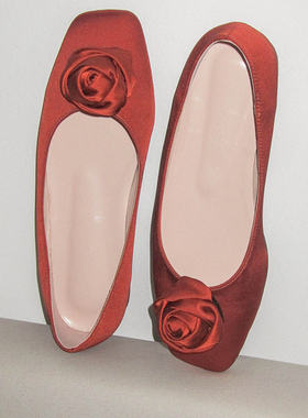 wddyshoes26新款法式丝绸红色缎面芭蕾单鞋玫瑰坡跟气质婚鞋