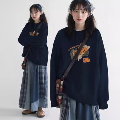 圆领卫衣女加绒加厚无帽2