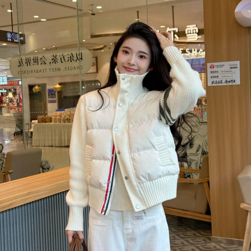 2025新款小众棉衣针织拼接羽绒棉服女装短款立领外套小个子穿搭