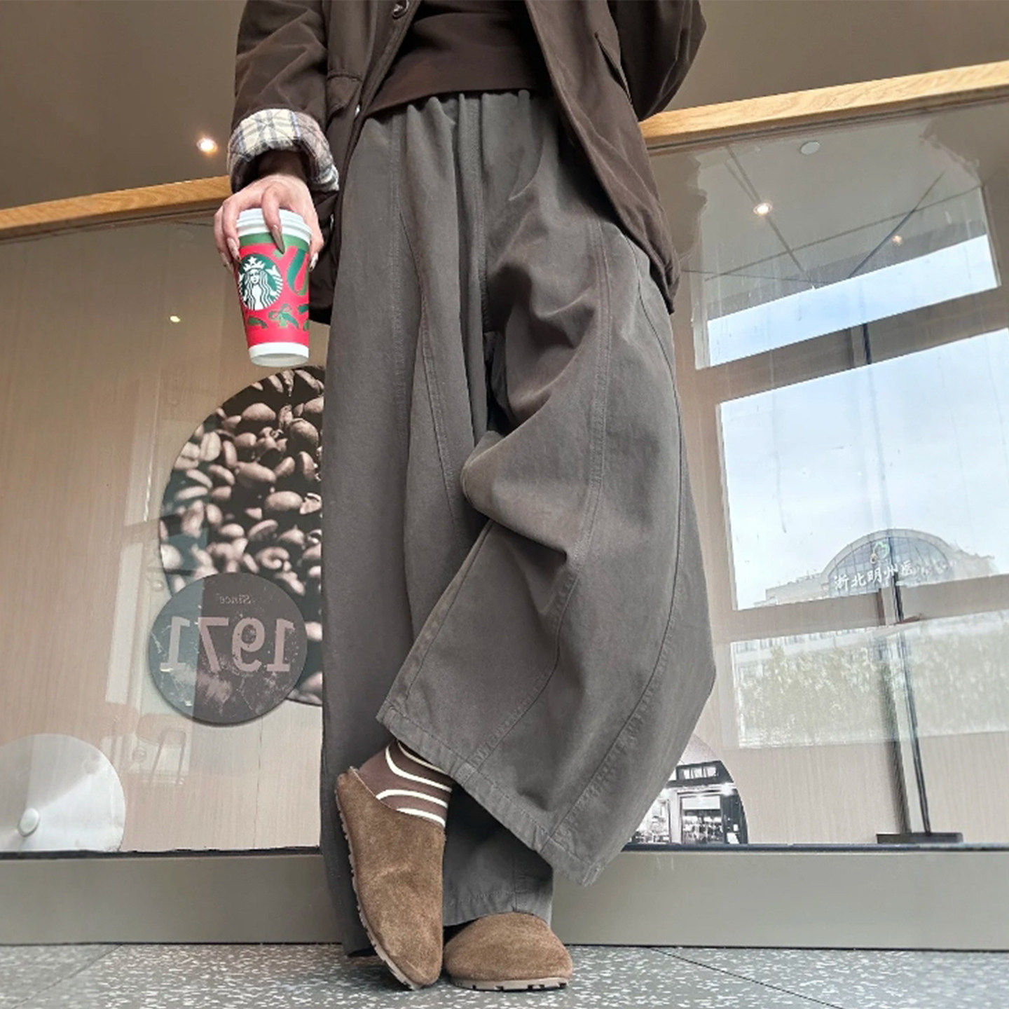 日系深灰色九分阔腿裤女