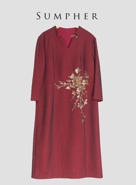 慕天姿精选品牌女装高端时尚气质百搭酒红色连衣裙慕天姿A3-17779