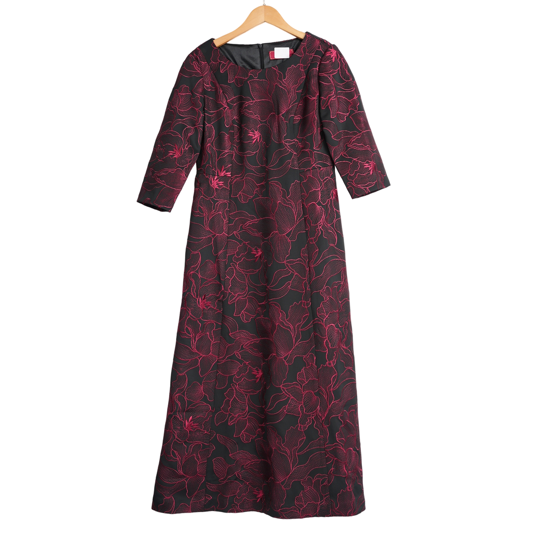 【六礼】A3品牌折扣女装高端洋气百搭气质通勤黑红花连衣裙-16053