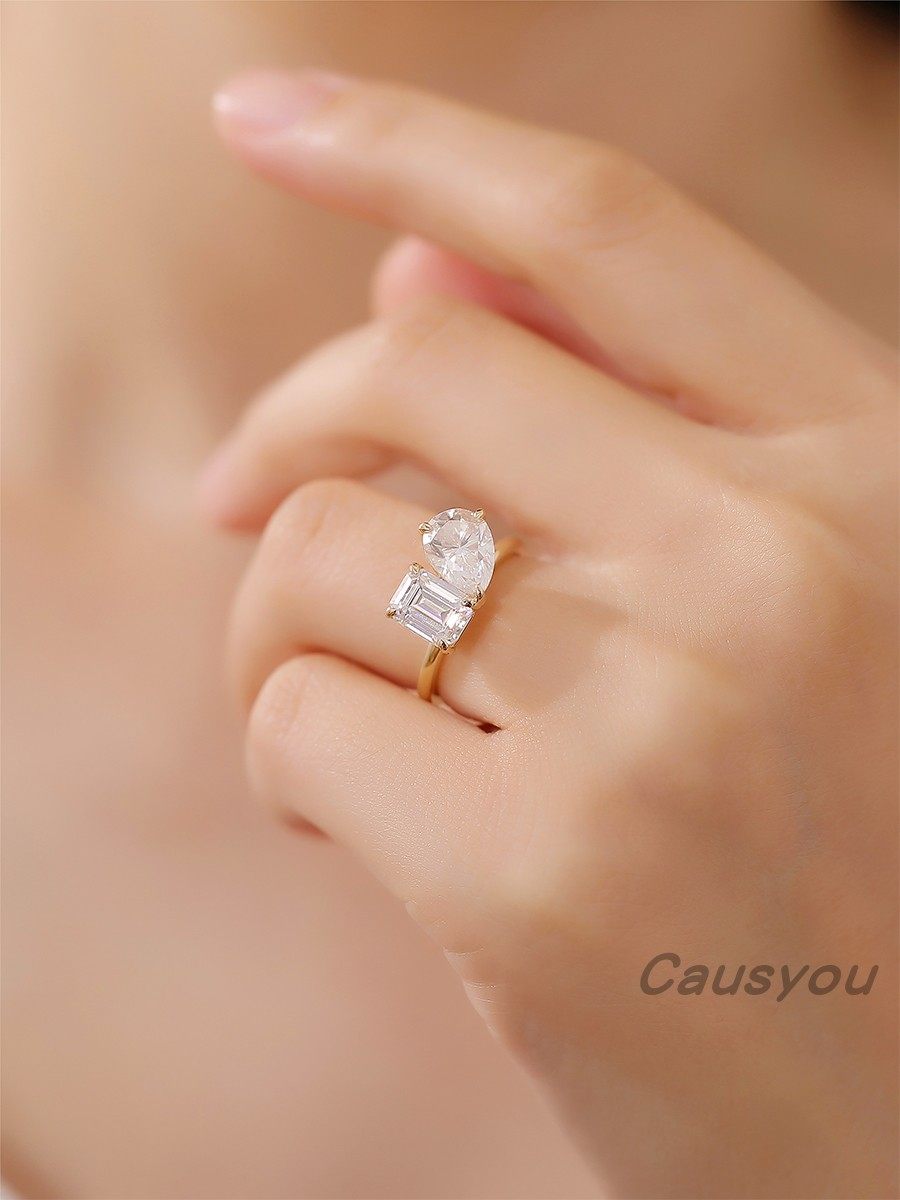 causyou莫桑石钻戒双主石定制14k18k金铂金法国你和我系列培育钻