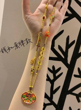 古法烧蓝平安锁项链金锁吊坠编织绳毛衣链衬衣链时髦女复古宫廷风