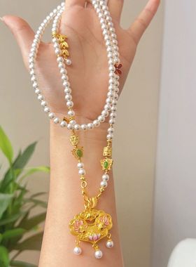 錾刻锦鲤如意锁包项链蜜粉珐琅彩金锁吊坠新中式国风多宝长毛衣链