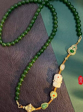 新中式设计国风项链祖母绿圆珠一款多戴复古可拆卸编制串珠链女款