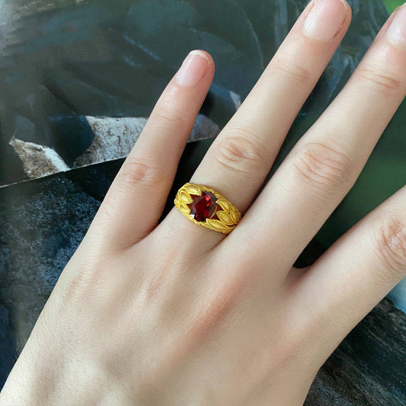 古法花丝石榴石戒指女黄金色丹凤朝阳戒指小众设计时尚精致显气质图片