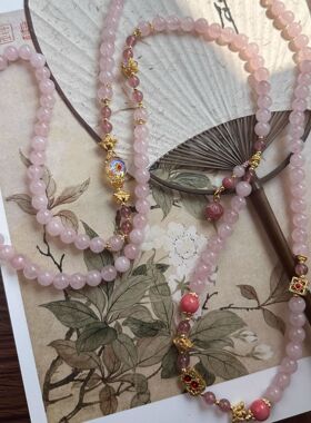 波斯玉粉色斜挎链新中式月光石长款背背链项链女复古民族风时尚