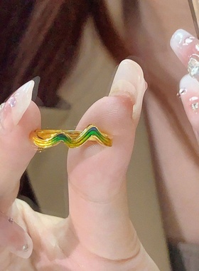 2024新款珐琅千里江山戒指18k金色小众气质叠影小山丘指环女