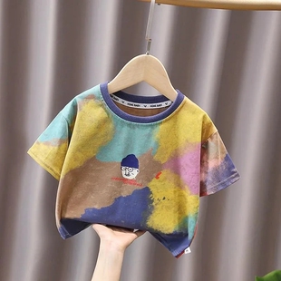 上衣衫 儿童速干短袖 半袖 新款 泼墨画涂鸦多巴胺男女童小孩T恤夏季