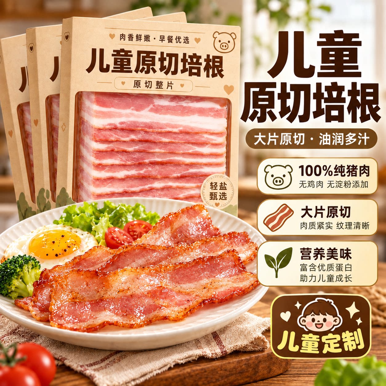 儿童培根原切官方旗舰店烟熏厚切培根三明治专用无添加营养早餐吃