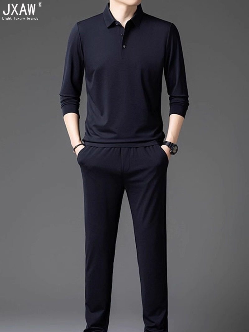弹力无痕爸爸装男士2025年秋季新款长袖t恤+休闲裤子POLO两件套装,男装,休闲运动套装,淘宝优惠券,粉丝福利购,淘宝优惠卷