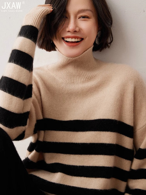 2025秋冬新高领套头山羊绒撞色毛衣女针织羊毛打底衫韩版宽松慵懒