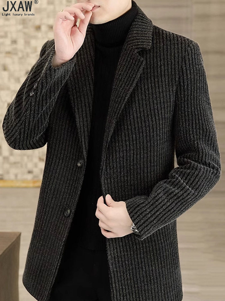 韩版修身毛呢大衣男士2025秋冬新款中长款条纹风衣加厚金貂绒外套