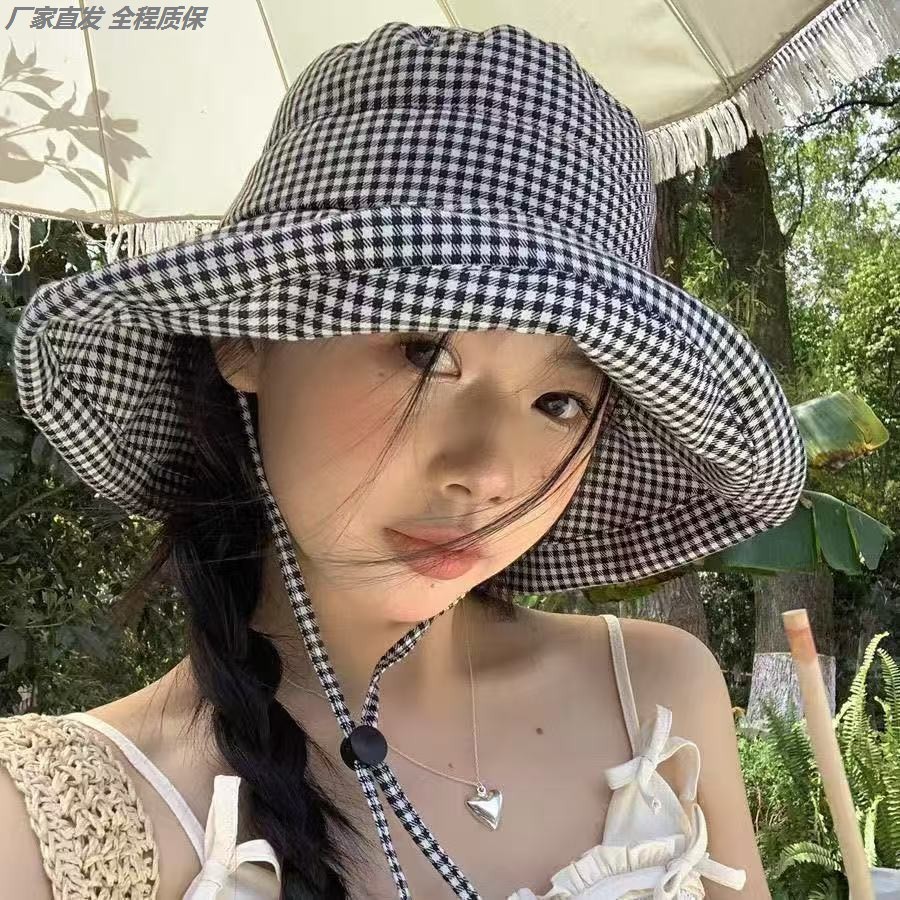 韩系千鸟格子防晒女秋款可折叠大檐遮阳帽遮脸太阳帽子韩系渔夫帽