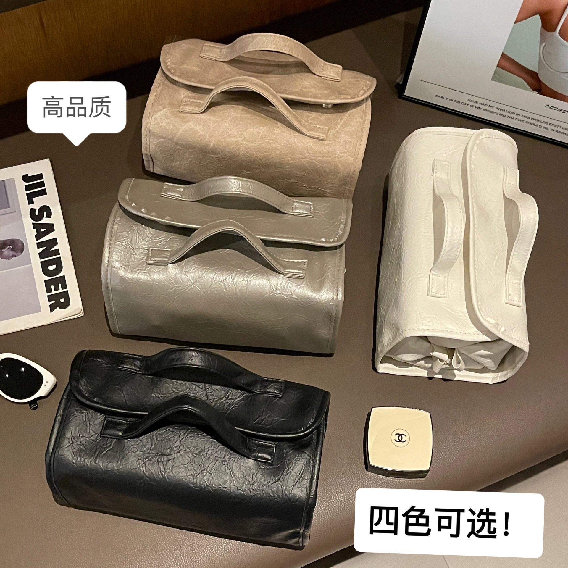 皮质化妆包隔层便携外出大容量收纳包折叠旅行出差男士洗漱包防水