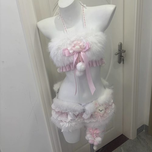 尤物原创设计可爱毛绒边KT猫吊带性感纯欲风超短裙套装蕾丝背心