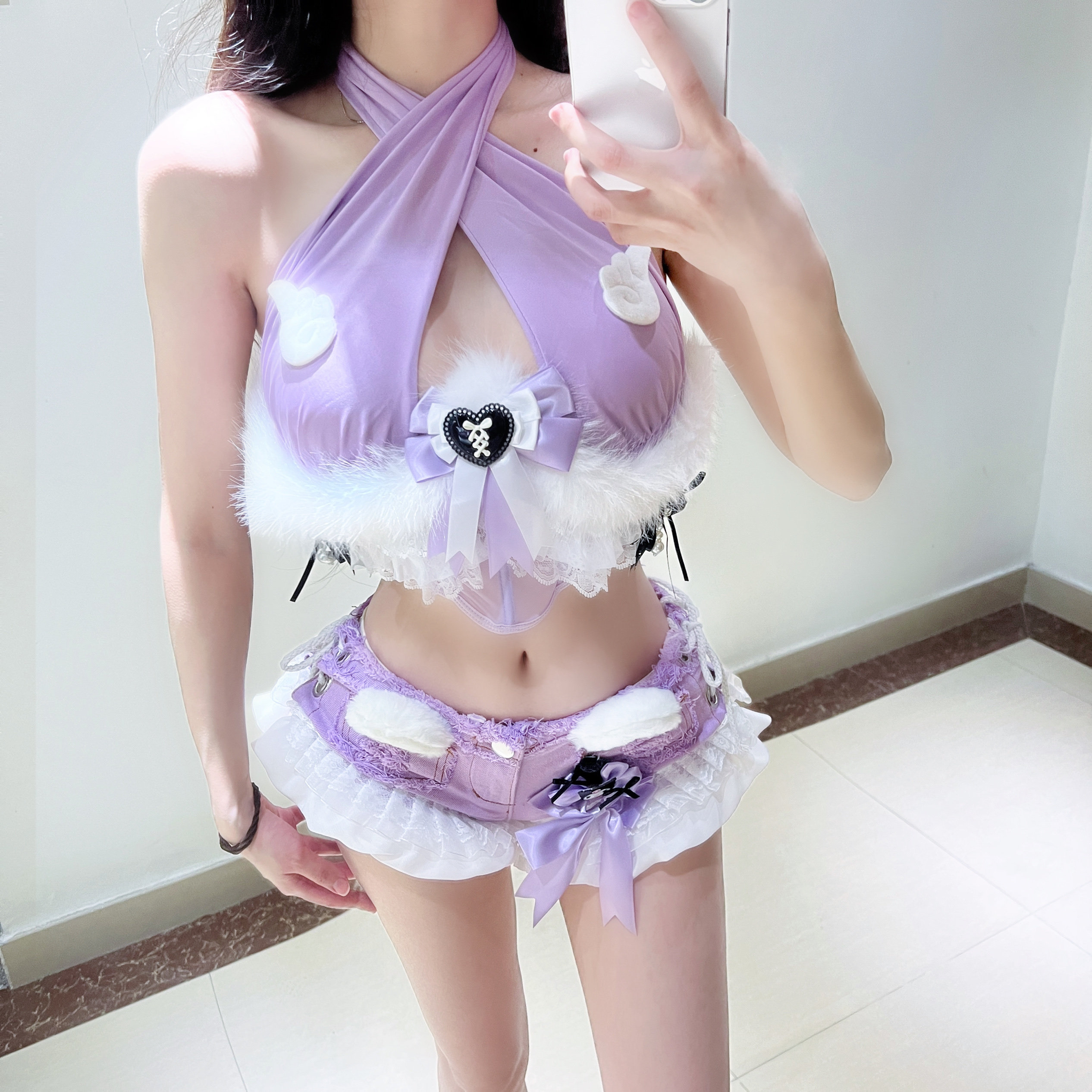 尤物原创设计性感紫色制服诱惑毛绒套装超短牛仔裤带尾巴衣服