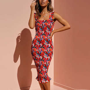 dress印花吊带荷叶边下摆修身 vacation 度假连衣裙 printed Women
